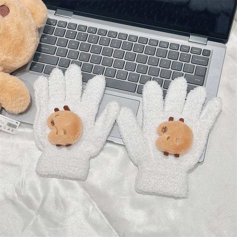 Cute Capybara Gloves Plush Coral Fleece Cold-Proof Gloves Five-Finger Gloves Student Winter Warmer Gloves Girly Christmas Gifts