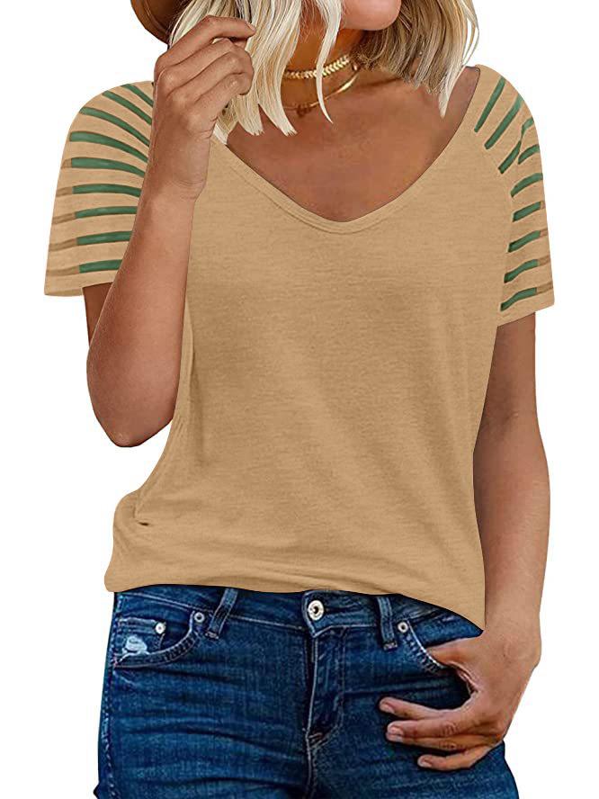 Women's European & American Summer V-neck Mesh Solid Short Sleeve Casual Loose T-shirt (2021)