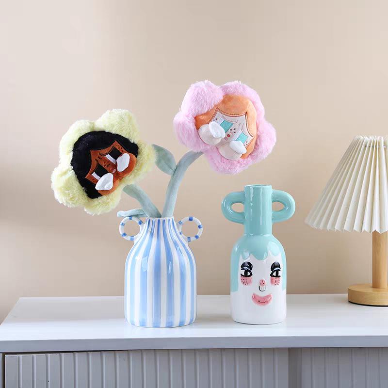 Hand-Painted Ceramic Vase with Double-Ear Striped Design