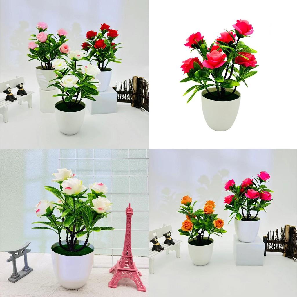 Artificial Seven Rose Desktop Plant With Miniature Greenery For Wedding Decor