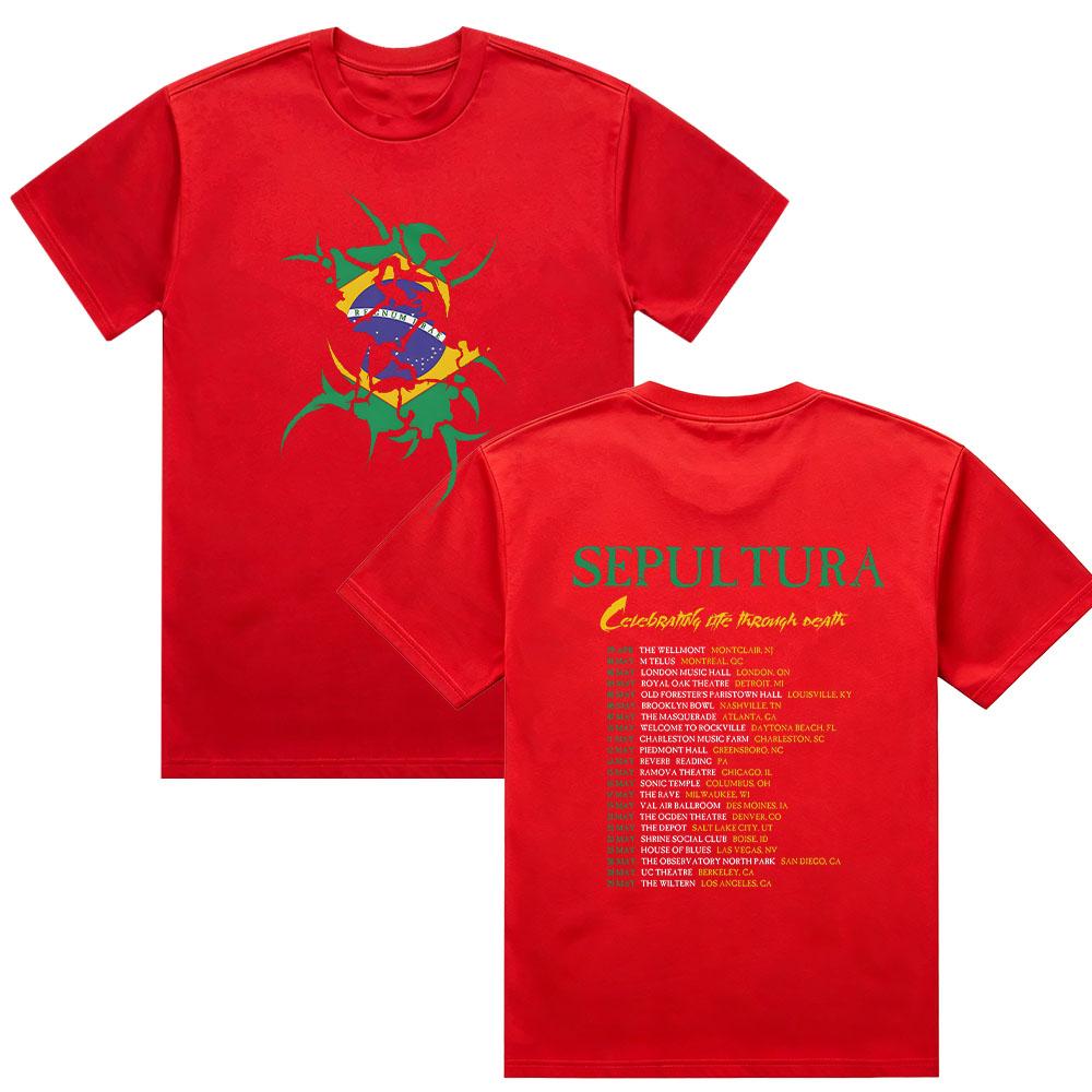 Spring 2026 North American Tour T-shirts Sepultura Band O-neck Short Sleeve Summer High Quality Cotton Tops Unisex Loose Tee Y2K XS красный