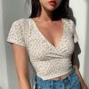 Frauen Sommer Top V-ausschnitt Kurzarm Taille-ausgesetzt Kleine Blume Drucken Pullover Weiche Atmungsaktive Retro Slim Fit Dame süße T-shirt