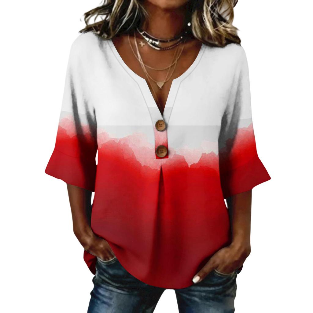 Ladies' gradient printed button casual V-neck fashionable seven quarter sleeve top
