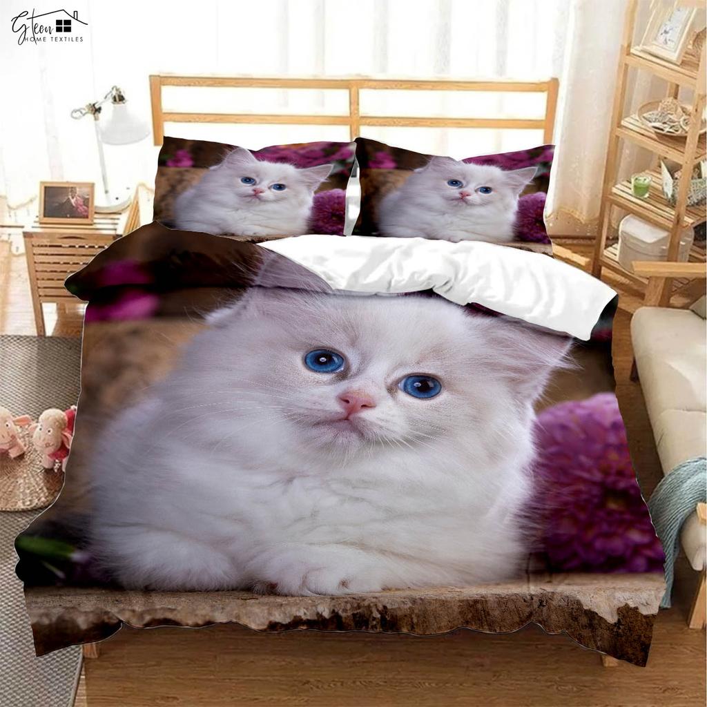 Cute Cartoon Cat Printed Quilt Cover Bedding Set 100% Polyester Duvet Cover Pillowcase Three-Piece Set