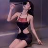 Hollow Out Waist Sexy Lace Bellyband Glossy Bodycon Dress Thin Temptation Strap One-Piece Oil Silk Stockings Lingerie