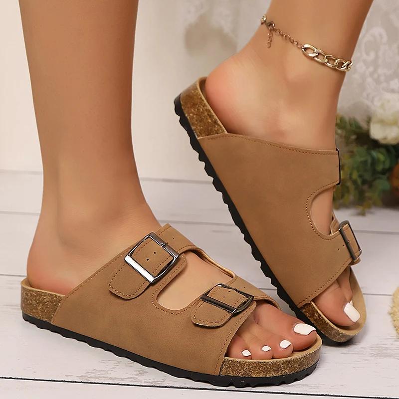 Fashion Double Buckle Flat Slippers Women 2025 Summer Suede Platform Sandals Woman Outdoor Cork Footbed Non Slip Sandal Plus Size 43