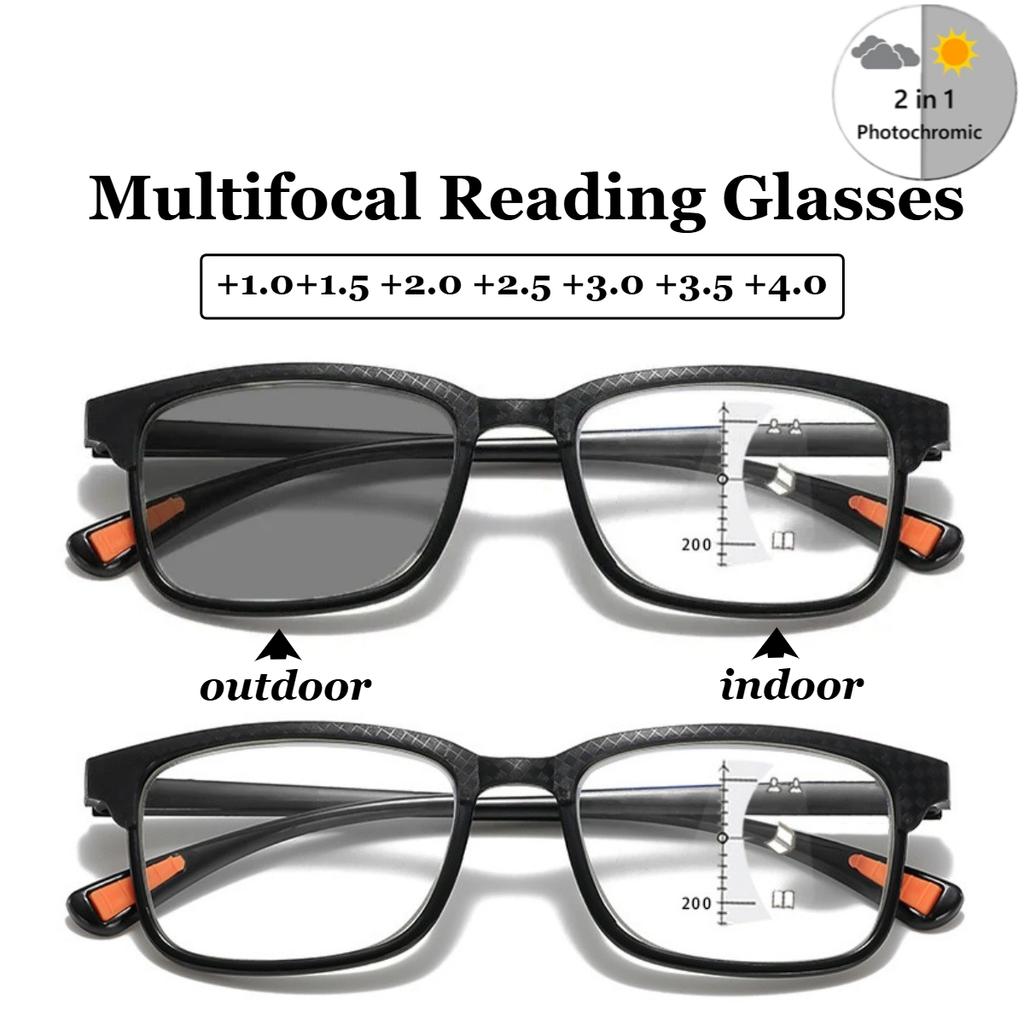 Neutral Classic Square Multifocal Photochromic Reading Glasses High-Definition Blue Light Protection Hyperopia Glasses +3.5+4.0
