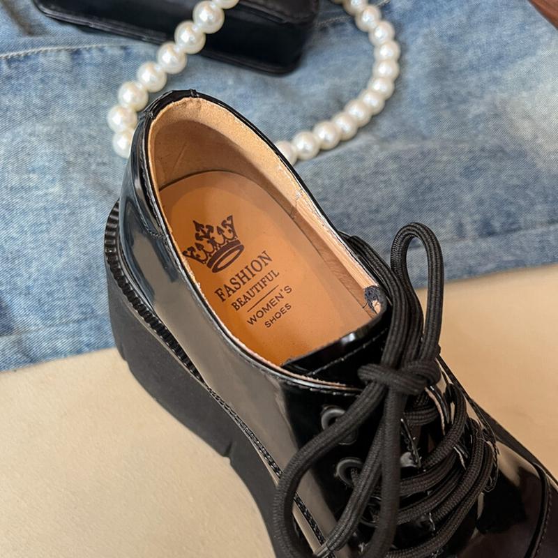 Fashion Women's New Genuine Leather Cowhide Thick Soled Waterproof Platform High Heels Lace Up College Style Single Shoes Casual Shoes