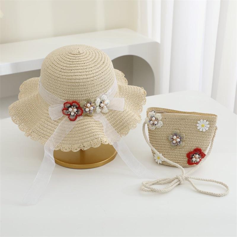 New Fashion Beach Hat Cute Outdoor Parent-child Hats 2-piece Womens Beach Set Sun Hat and Woven Bag Lightweight and Breathable