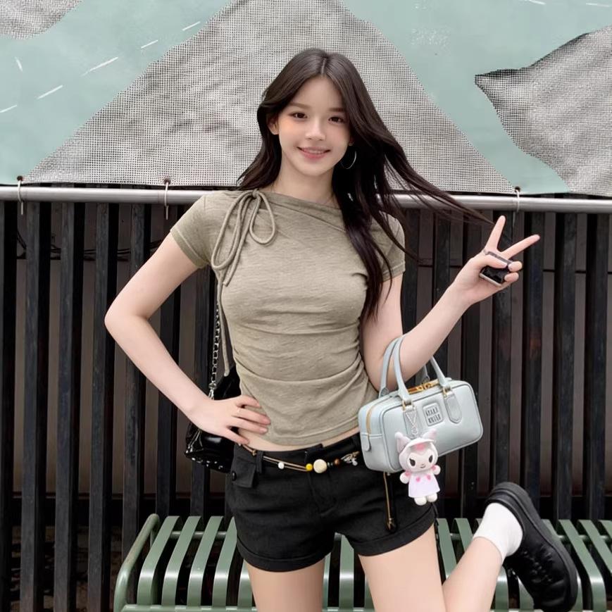 Bow moss green pleated front shoulder short-sleeved t-shirt women's summer new straps slim-fitting short top