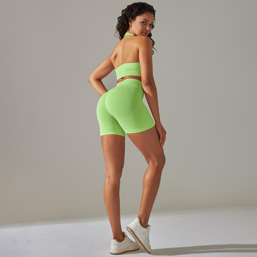 Seamless Knitted Back High Elasticity Sports Bra Yoga Set Running Fitness Shorts Two Piece Set For Women