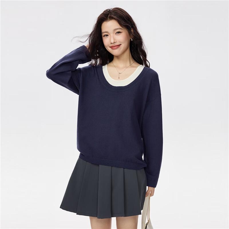 Giordano Women's Colorblock U-Neck Knit Vest & Loose Sweater Two-Piece Set