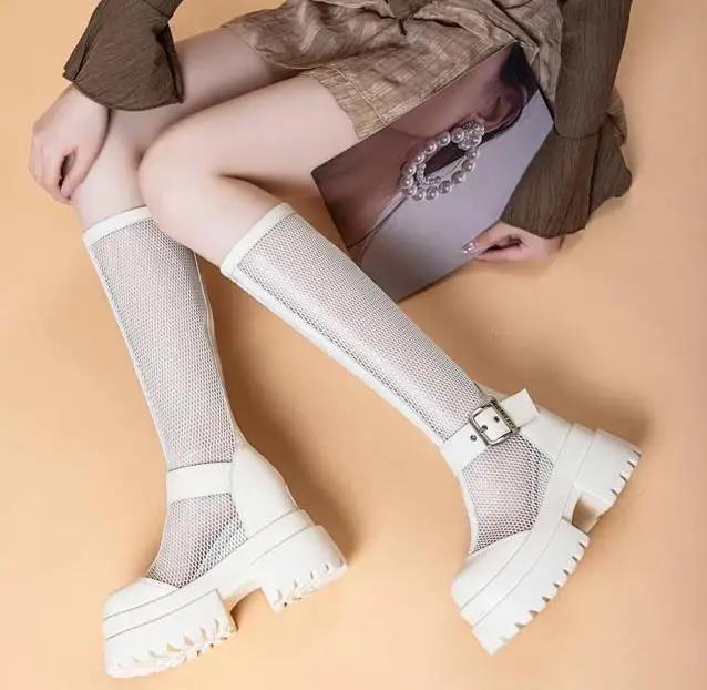Fashion 10CM Air Mesh Patent Leather Boots Chimney Summer Motorcycle Sandals Hollow Ankle Knee High Booties Women Fashion Casual Shoes