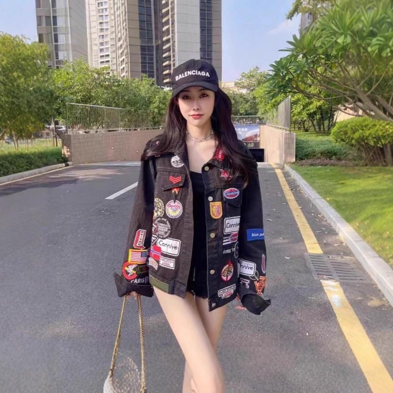 Womens Oversized Denim Jacket With Embroidered Patch Detail Streetwear Fall Loose Fit
