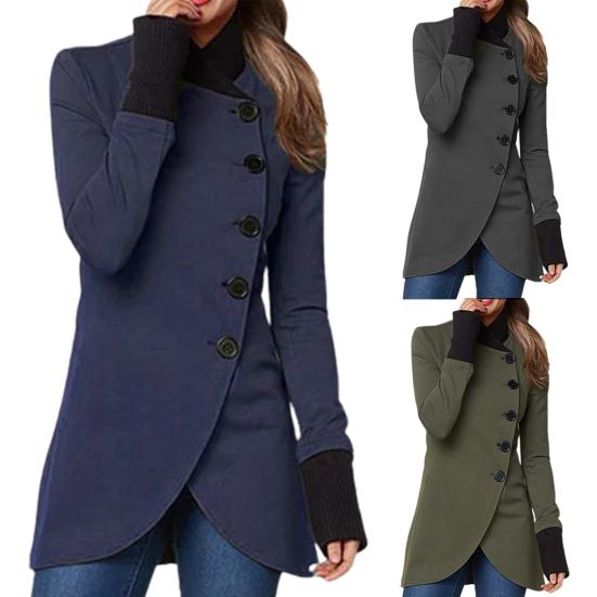 Stand Collar Solid Color Women Coat Long Sleeve Irregular Hem Single Breasted Long Jacket Outerwear