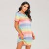 Plus Size Women's Summer Short Sleeved Rainbow Striped Loose Pajama Dress
