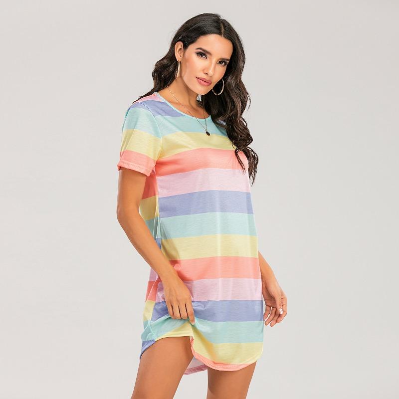 Plus Size Women's Summer Short Sleeved Rainbow Striped Loose Pajama Dress