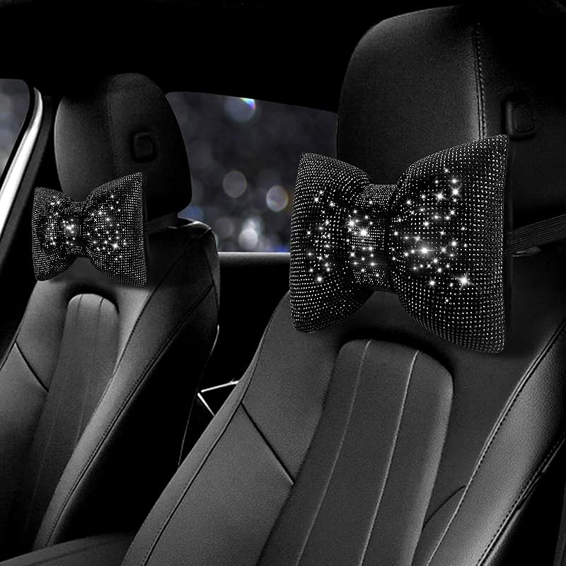 Surpassme 2PCS Rhinestone Car Headrest Neck Pillow For Driving With Bling Bling Crystal Bow Pillow Car Accessories For Women (Silver/White)