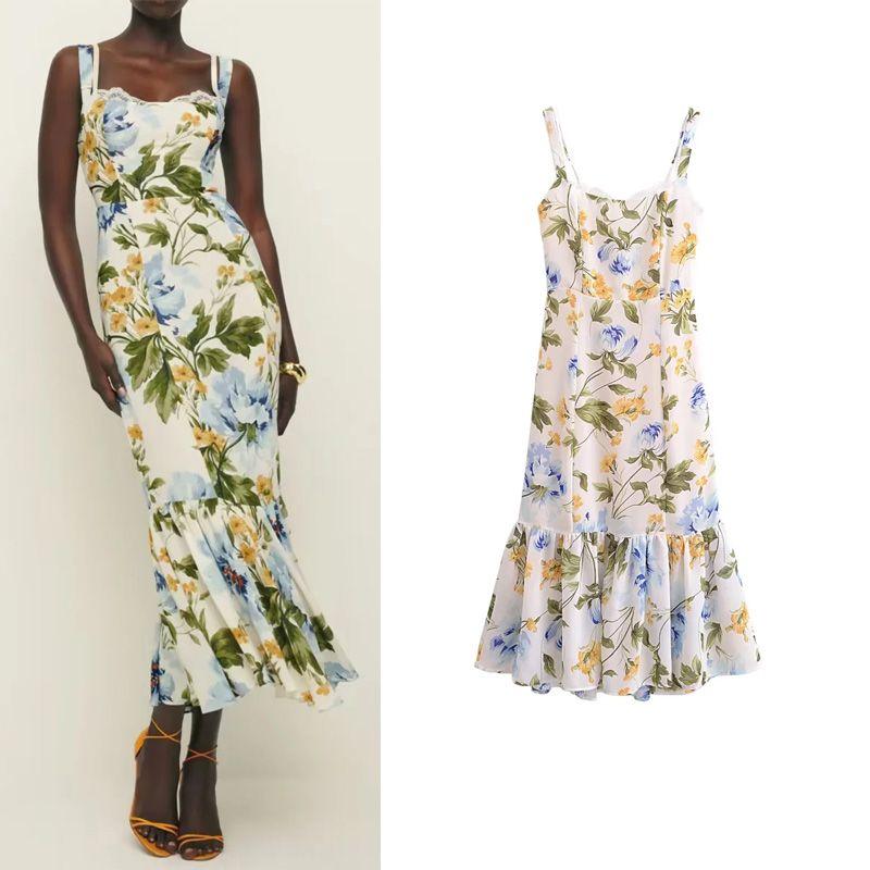 Spring New Arrival Women's Clothing French Vintage Floral Printed Sexy Lace Lace Fake Two-Piece Suspender Dress