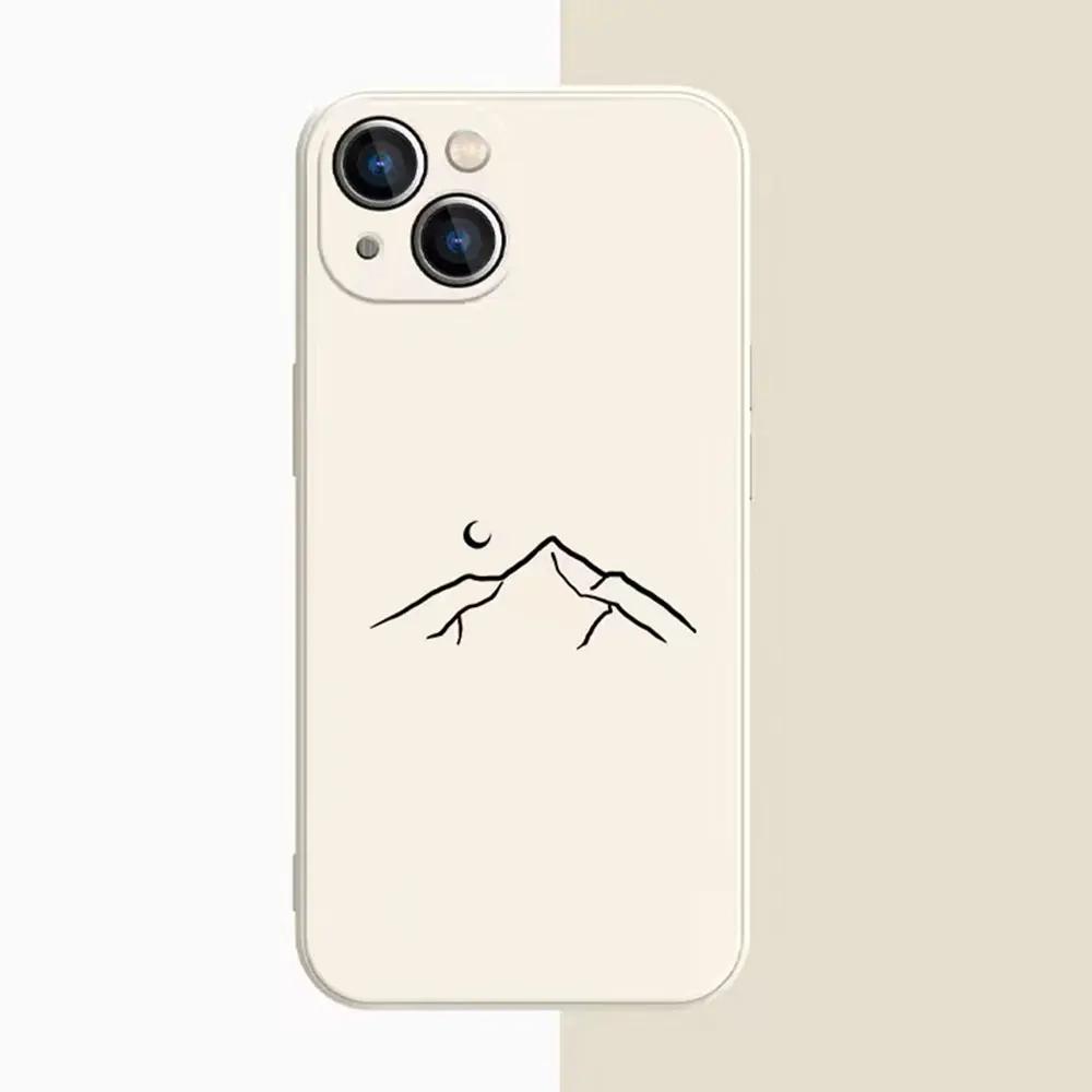 Line Mountain Scenery Phone Case for IPhone 16 15 Pro Max 13 12 11 XS MAX X 7 8 14 Plus Shockproof Simple Sun Moon Couples Cover