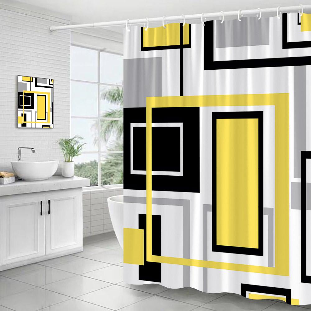 

Creative Geometric Pink Shower Curtain Black Grey Square Pattern Modern Polyester Fabric Home Bathroom Curtains Decor With Hooks W60H190(CM)-1 Pcs