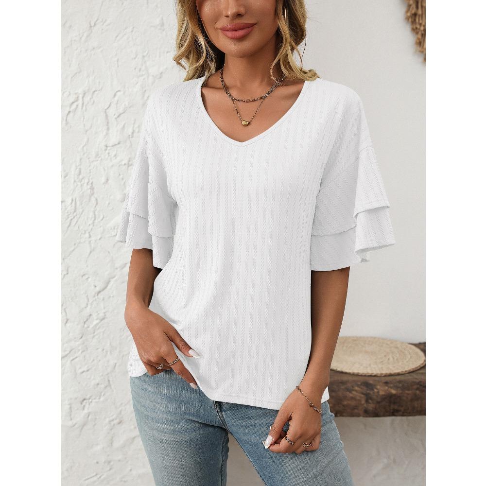 Summer new solid color V-neck ruffle sleeve short sleeved T-shirt top for women
