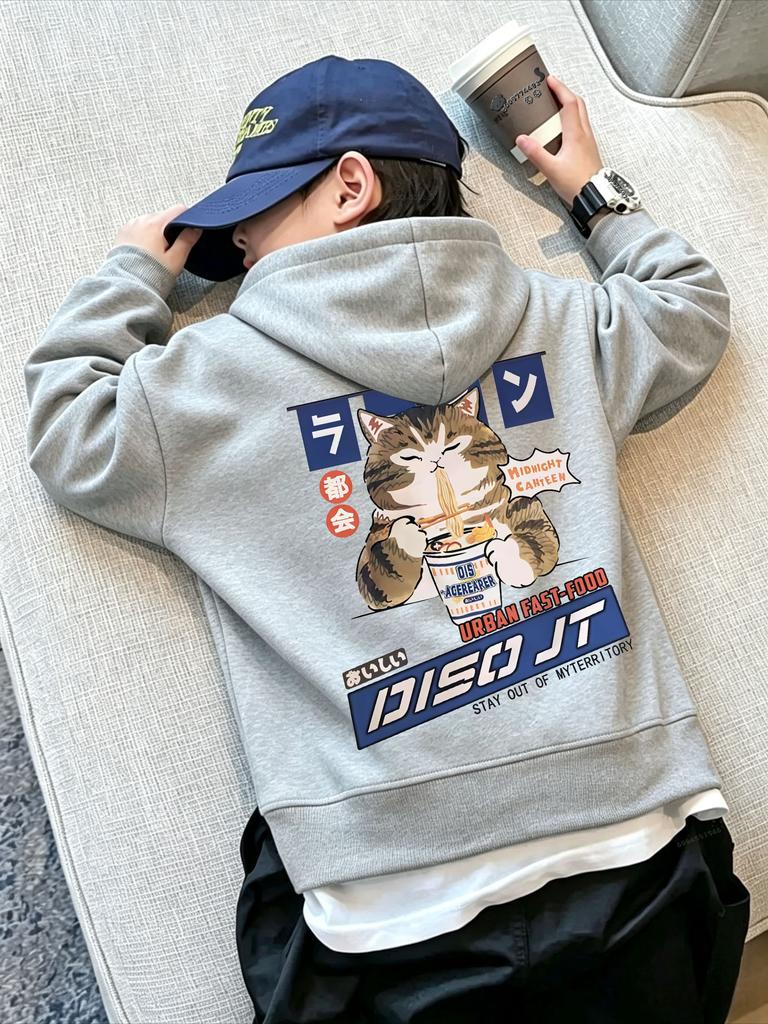 Autumn Winter Cartoon Cat Ramen Back Print Pullover Boys Girls Long Sleeve Hooded Sweatshirt Streetwear Children Warm Top