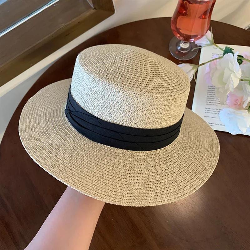 The Four SeasonsRetro HatPanamaFlatBrimmed Sun Hatbucket Hat UV Protection Sun Hat for Beach MiniBow Vacation Handmade Straw Hat