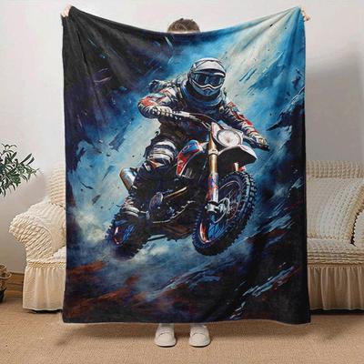 1pc Motorcycle Printing Lightweight Flannel Blanket, Comfortable and Warm Blanket, for Camping Sofa Bed and Couch Office, In All Seasons