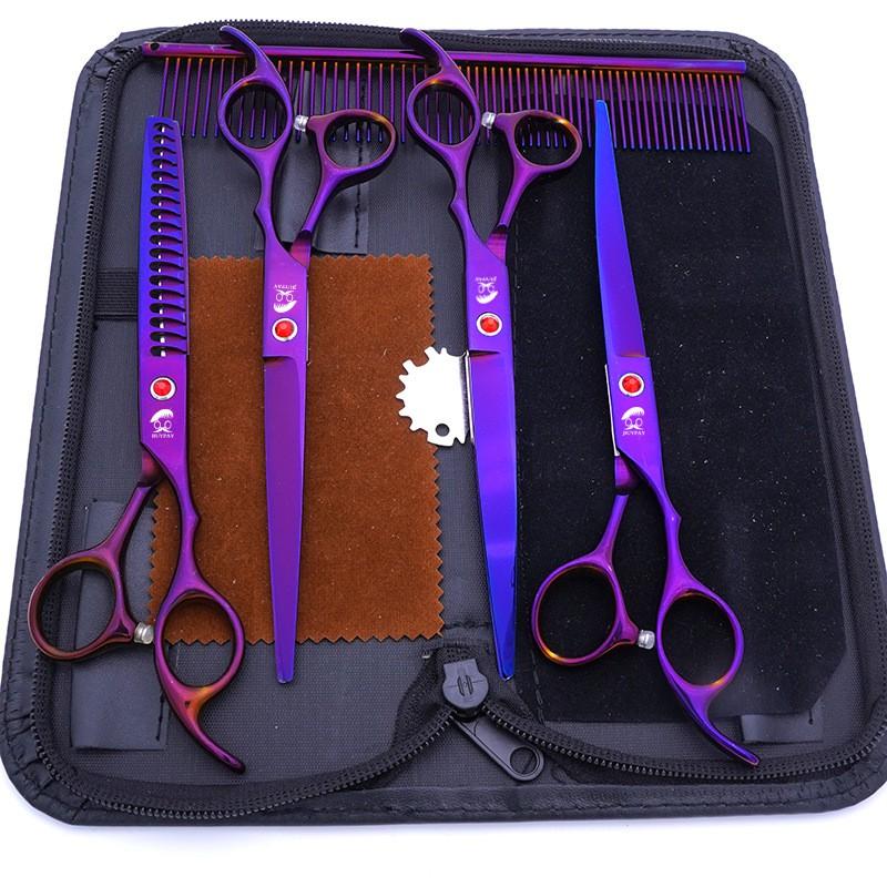 Set di forbici professionali per toelettatura animali domestici da 7 pollici in acciaio inossidabile per cani, incluse forbici dritte, curve, a lisca di pesce e tagliacapelli per orecchie