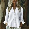 Women's Fashionable And Casual Solid-color V-neck Button Long-sleeved Cotton And Linen Shirt Top