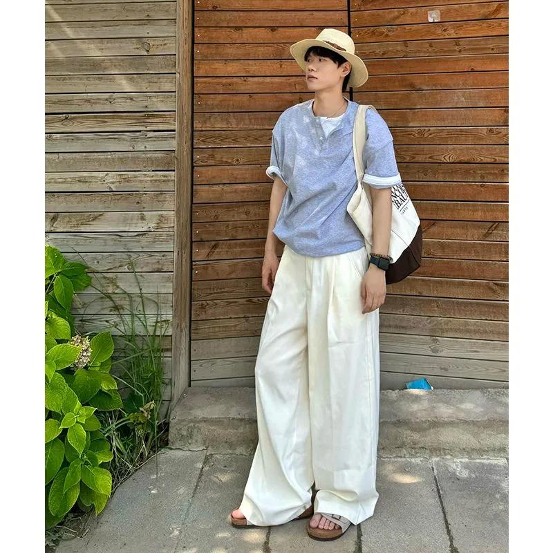 Men Henley Neck Short Sleeve T Shirt Loose Casual Solid Top M серый