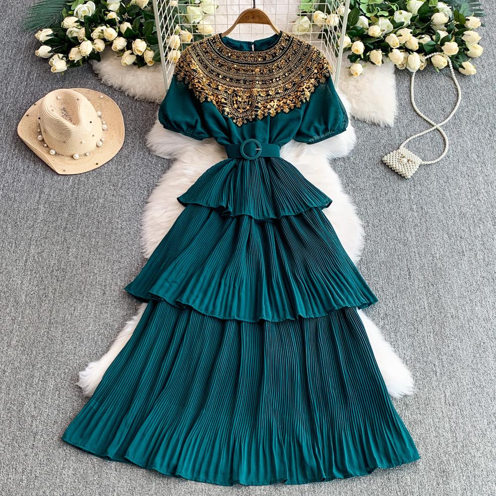 

Женское ретро-платье с круглым вырезом, короткими рукавами, блестками и бусинами. Летнее платье с защипами на талии и утягивающими складками. One Size темно-зеленого