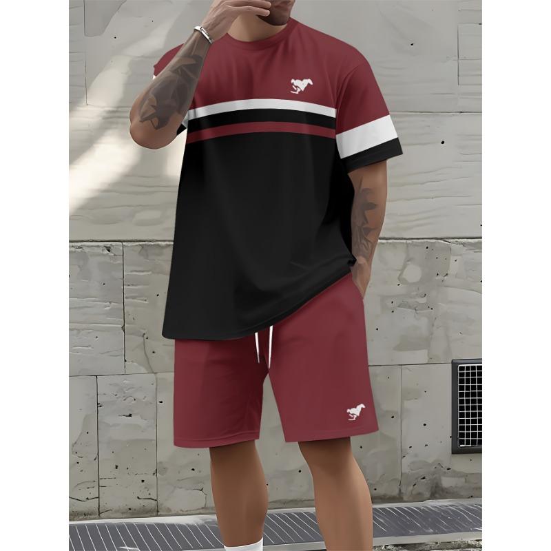 Men s fashionable casual striped printed short-sleeved shorts suit S