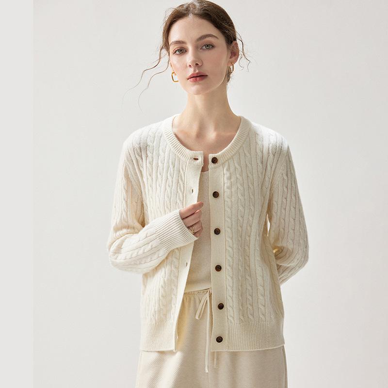Elegant Twisted Cable Cashmere Cardigan - 2026 Autumn/Winter Women's Round Neck Thick Base Layer, Loose yet Slimming Outerwear