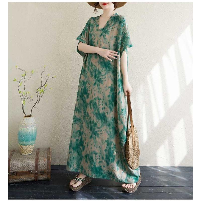 Women's Thin Cotton and Linen Loose Beach Skirt Retro Long Robe