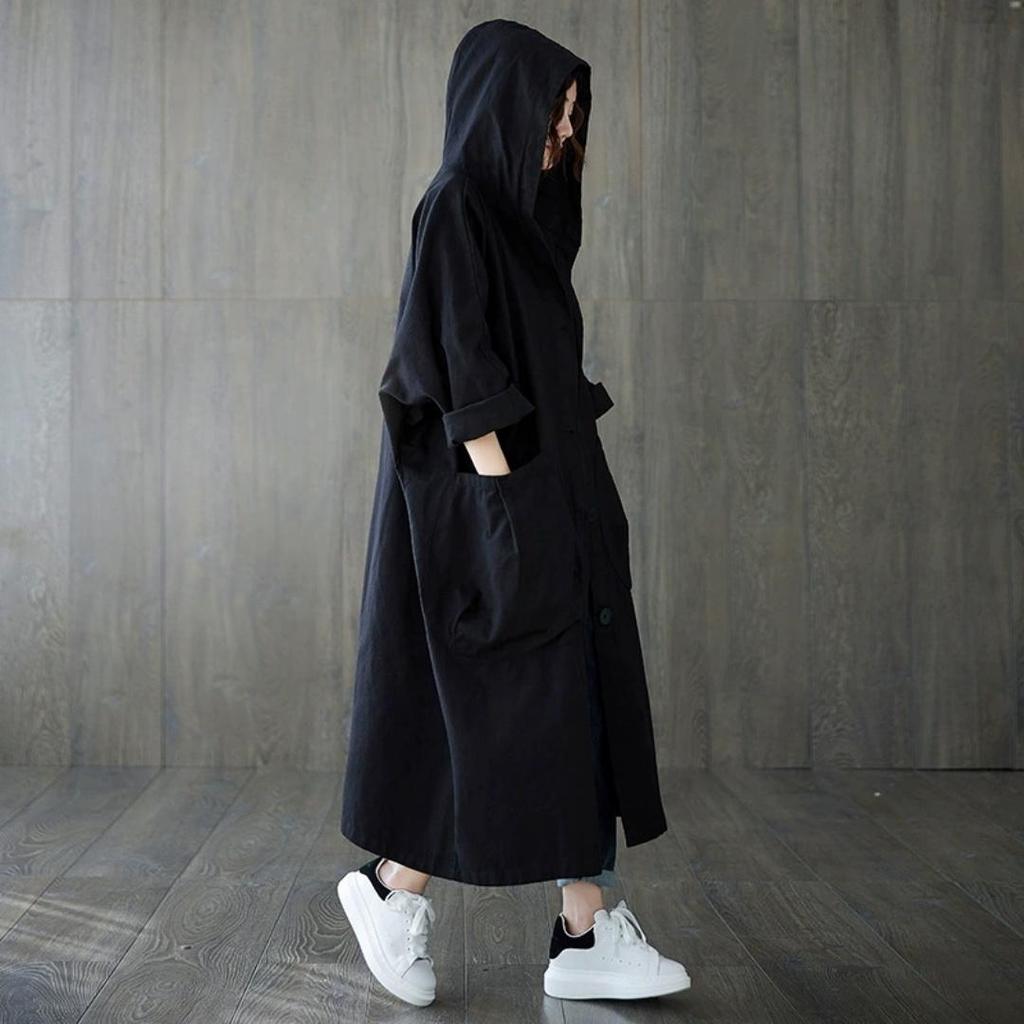 Spring Loose Over The Knee Long Big Pocket Windbreaker Jacket Women's Hooded Casual Windbreaker Jacket