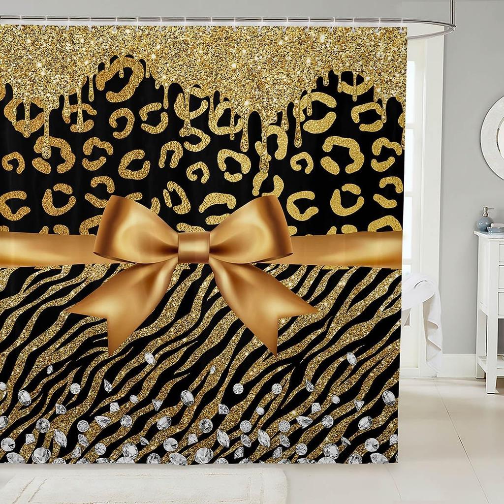 Pink Bowknot Glitter Shower Curtain Abstract Leopard Cheetah Zebra Skin Girls Women Bow-tie Shining Diamond Bathroom Curtain