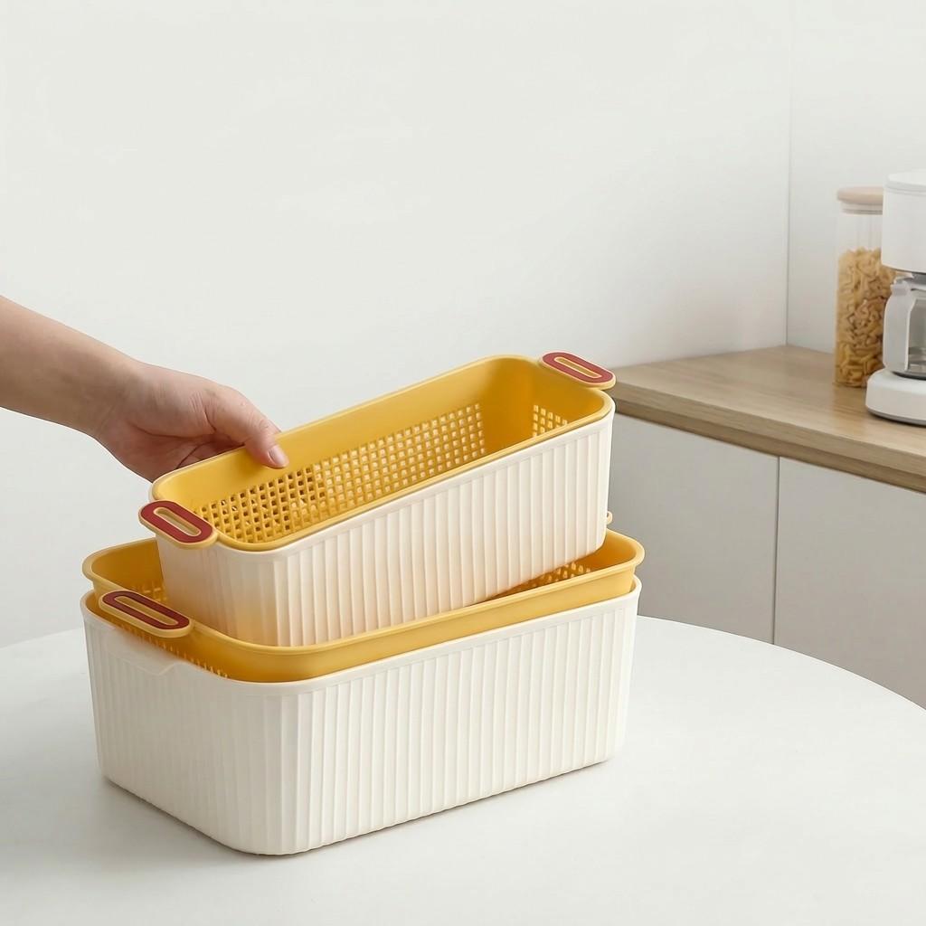 1/2/4Pcs Fruit Vegetable Drain Storage Basket Plastic Double-Layer Storage Box With Handle Multifunctional Kitchen Organizer