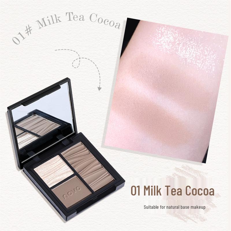 

Novo All-in-One Contour & Highlight Palette: Three-color blush, face highlight, and shadow for a three-dimensional matte and shimmer finish.
