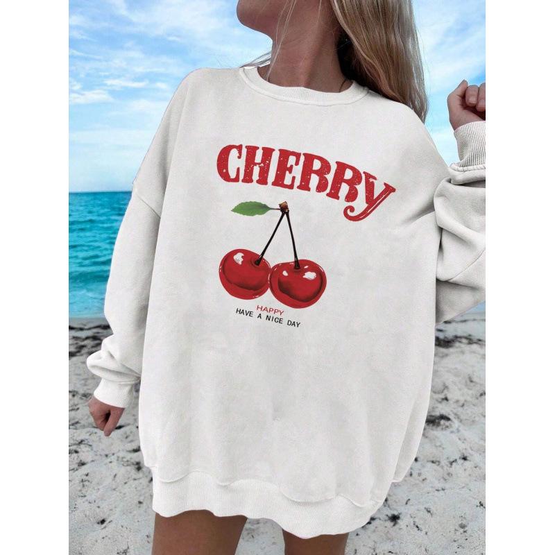 Women's European & American Autumn Cherry Print White Long Sleeve Hoodie - Casual, Loose, Versatile Style