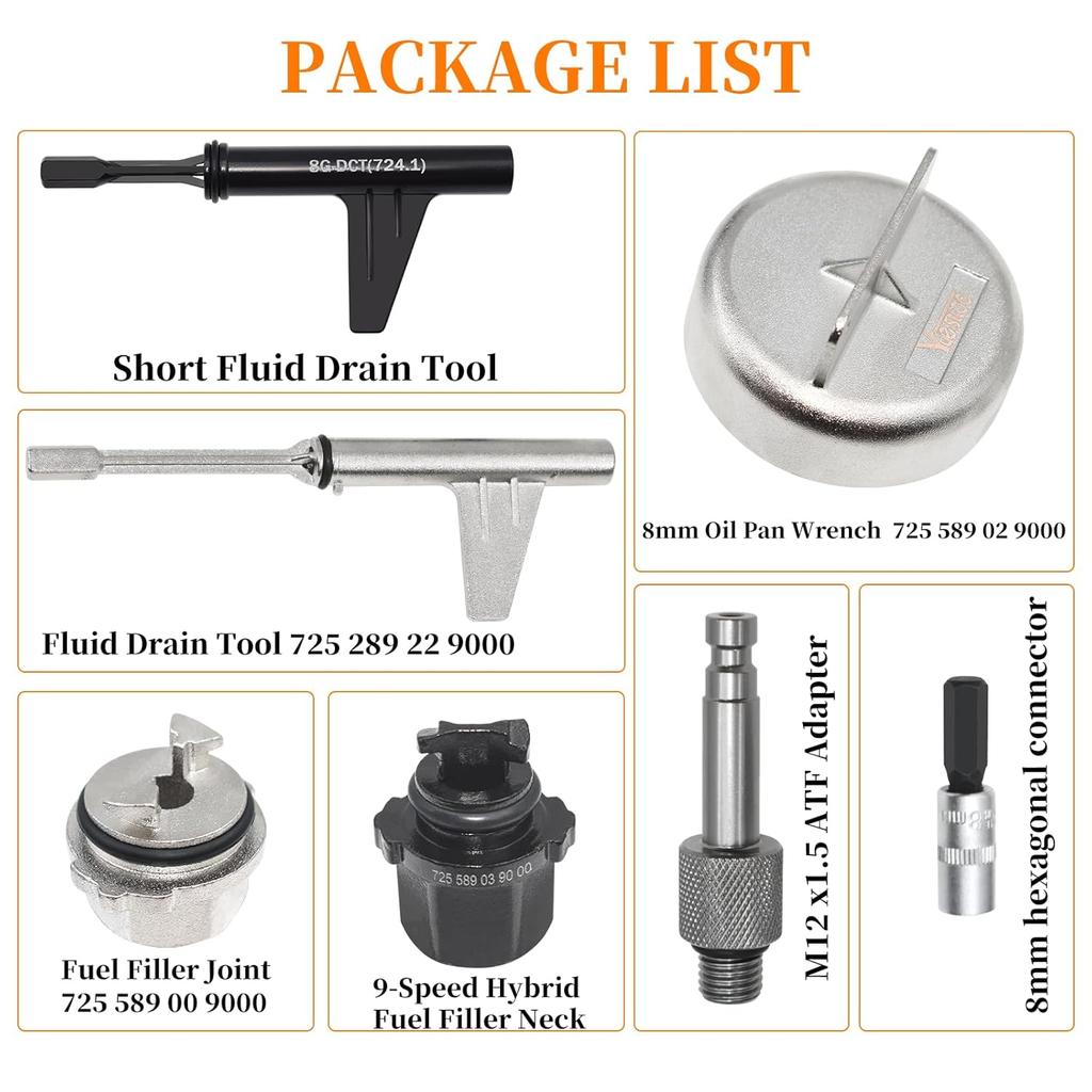 7PCS Metal Transmission Oil Change Filling Tool, Compatible With Mercedes Benz 725.0 8-Speed 9-Speed Transmission, With 9-Speed Hybrid Fuel Filler