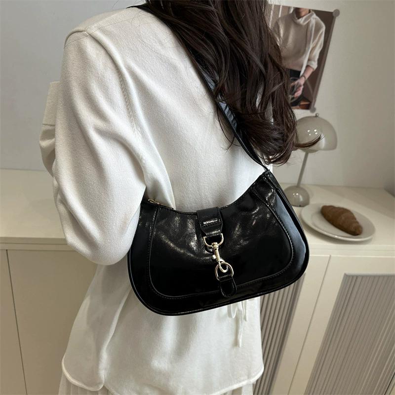 Retro Minimalist Hook Decor Underarm Bag, Y2K Half-Moon Shoulder Bag with Adjustable Strap