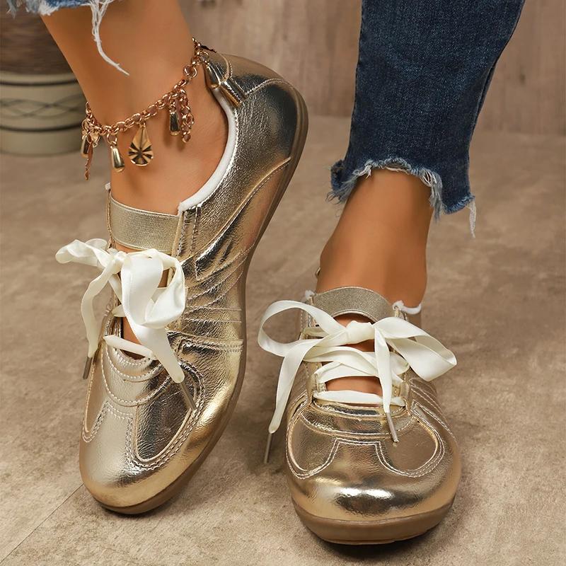 Fashion Fashion Gold Silver Women's Flat Sneakers Lightweight Soft Sole Casual Shoes Woman Comfortable Non Slip Pink Shoes Plus Size 43