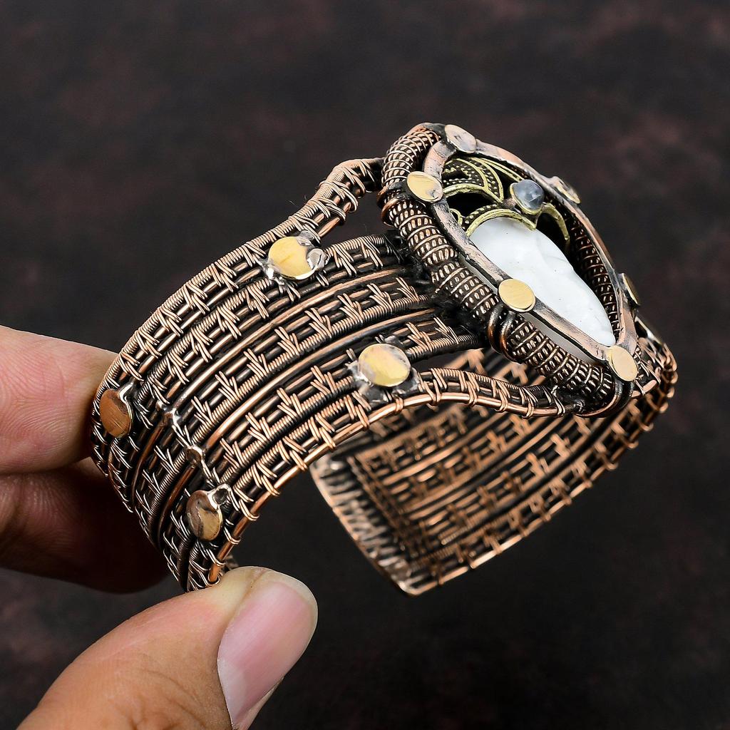 White Carved Bone Face Bangle Gemstone Cuff Bracelet Copper Wire Wrapped Bangle Adjustable Cuff Bracelet Handmade Rainbow Moonstone Bangle