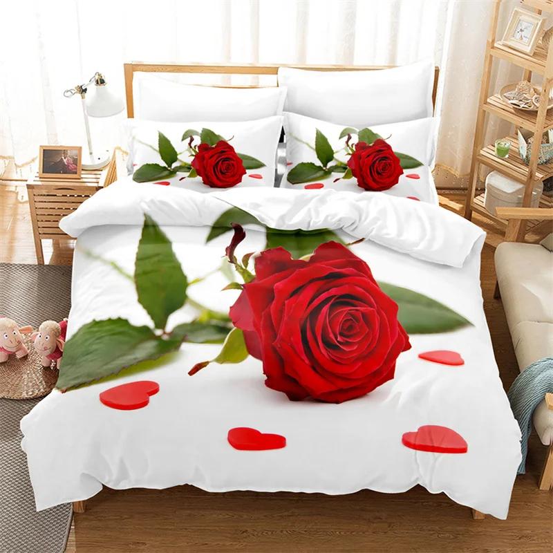 Red Flower Full Size Duvet Covers Rose Quilt Cover 200X230Cm Bedding Set 3Pcs 2Pcs 210X210Cm King Queen Single Double Bed