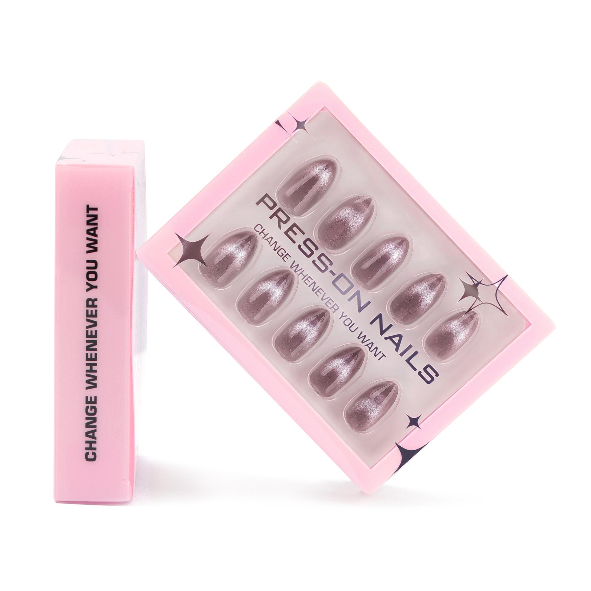 Simple French cat eye manicure fake nails advanced transparent gray almond type wearing nail fake nails