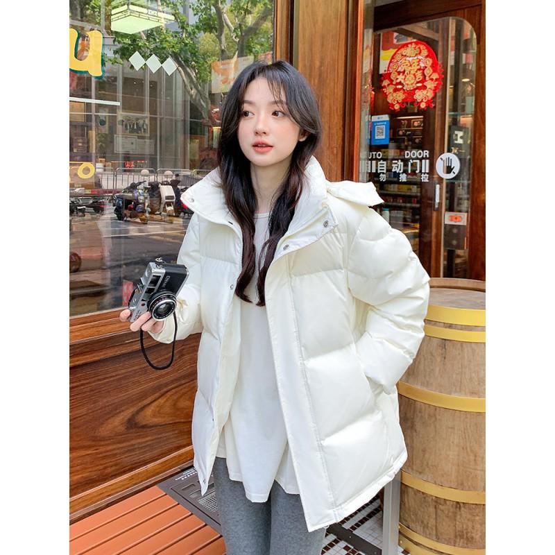 Womens Short Puffer Jacket With Hood White Duck Down Warm Loose Fit Small Stature Students Casual Winter Coat