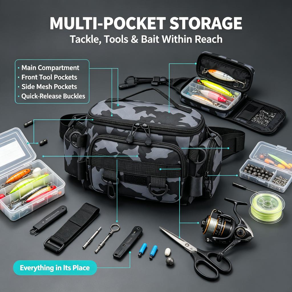 Fishing Tackle Single Shoulder Bag Storage Waist Bag, Outdoor Sports Bag With Fishing Rod Holder