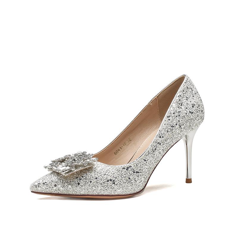 - French rhinestone high heels women's wedding shoes banquet pointed temperament crystal shoes stiletto sequins single shoes women